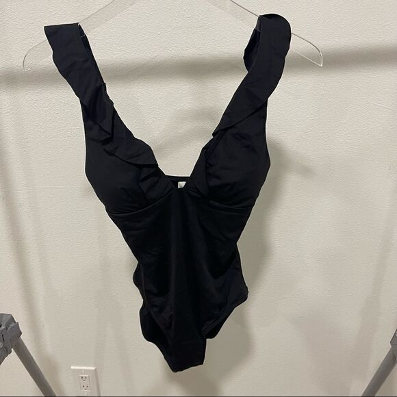 Sea Level Australia Ruffle One Piece Black Swimsuit Flattering Size 4/8 - Picture 3 of 7